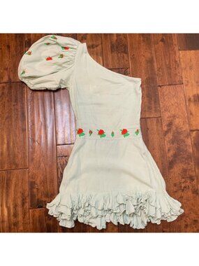 Fanm Mon Light Blue Rose Embroidered Puff Sleeve One Shoulder Flame Dress Sze XS